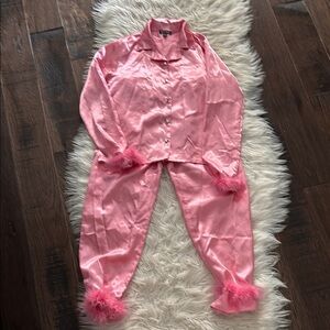 Adorable Pink Feather-Trim Silk Pajama Set